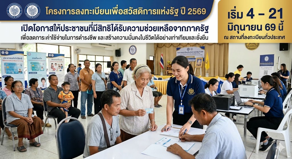 โครงการลงทะเบียนเพื่อสวัสดิการแห่งรัฐ ปี 2569 เปิดโอกาสให้ประชาชนที่มีสิทธิได้รับความช่วยเหลือจากภาครัฐ เพื่อลดภาระค่าใช้จ่ายในการดำรงชีพและสร้างความมั่นคงในชีวิตได้อย่างเท่าเทียมและยั่งยืน เริ่มลงทะเบียน 4 – 21 มิถุนายน 69 นี้